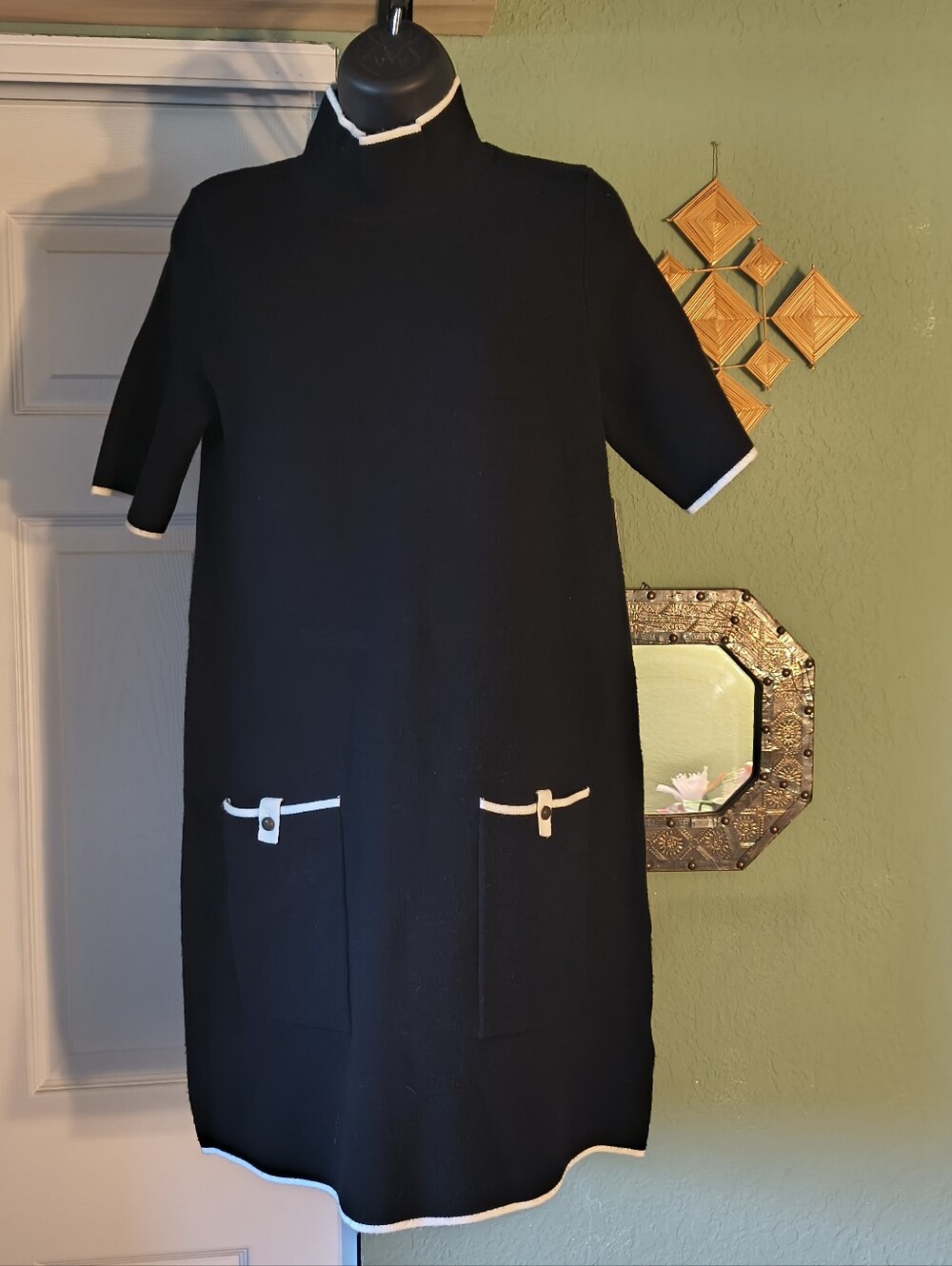 NWT Anthropologie Black Contrast Trim Mock Neck Sweater Shift Dress Size S